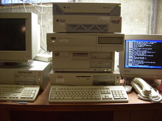 A closeup of the basement computers.
